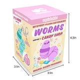 A boxed product labeled 'squishable' and 'Mystery Plush Keychains WORMS Candy Shop Series 1' shown as a tall product box on a white background, with dimension lines indicating 4.3 in height and 3.