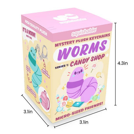 A boxed product labeled 'squishable' and 'Mystery Plush Keychains WORMS Candy Shop Series 1' shown as a tall product box on a white background, with dimension lines indicating 4.3 in height and 3.
