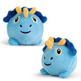 Blue triceratops squishy dinosaur plush sensory toy with orange horns shown from front and back angles on white background