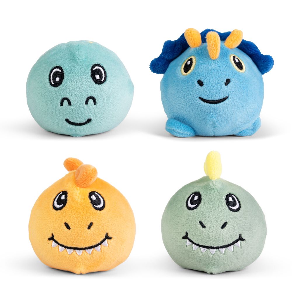 Full collection of four squishy dinosaur plush sensory toys in teal, blue triceratops, orange and green designs on white background