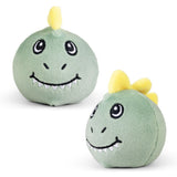 Green squishy dinosaur plush sensory toy with yellow horn shown from front and back angles on white background