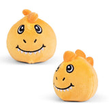 Orange squishy dinosaur plush sensory toy shown from front and back angles on white background