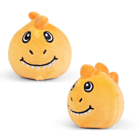 Orange squishy dinosaur plush sensory toy shown from front and back angles on white background