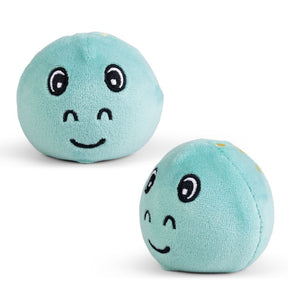 Teal squishy dinosaur plush sensory toy shown from front and back angles on white background
