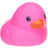 Hot pink squishy duck toy close-up showing detail and orange beak