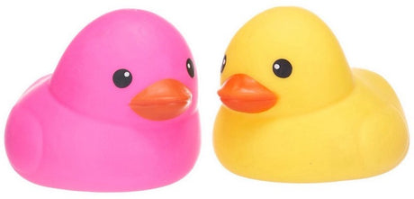 Pink and yellow squishy duck toys side by side facing forward