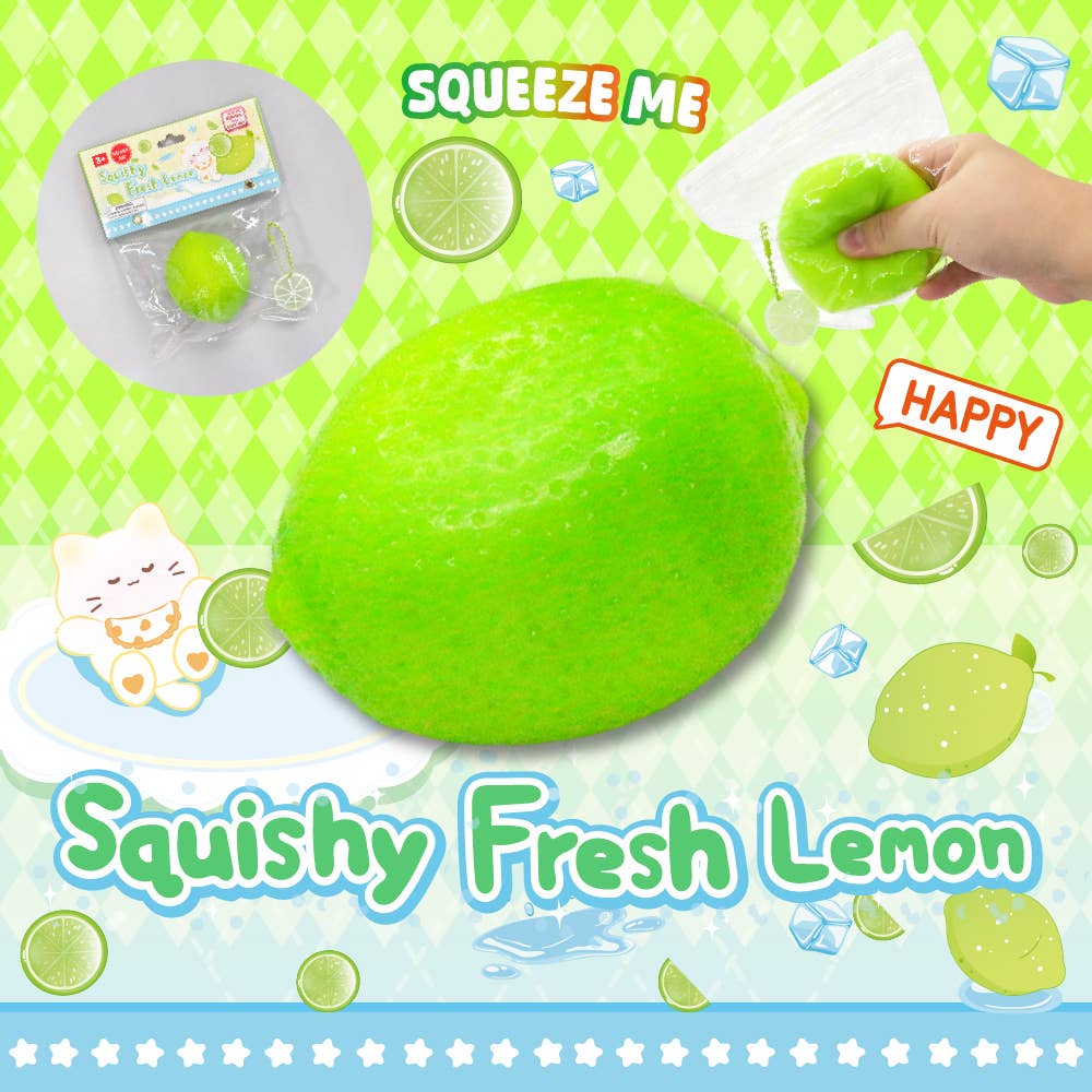 Green squishy toy labeled 'Squeeze Me' with lemon theme on a colorful background