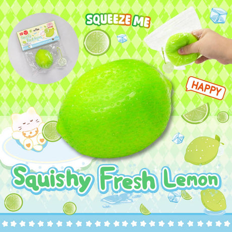 Green squishy toy labeled 'Squeeze Me' with lemon theme on a colorful background