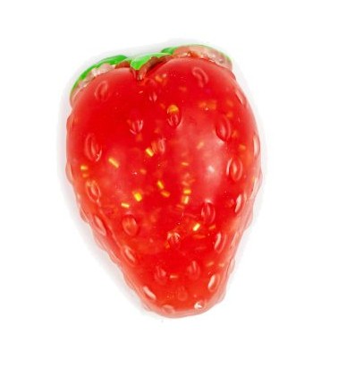 Close-up of red glitter gel strawberry squishy fidget toy with textured surface and green leaf top