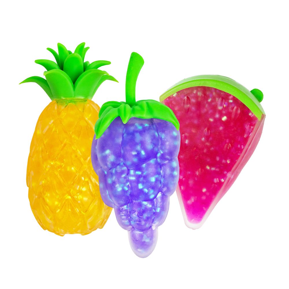 Three glitter gel squishy fruit fidget toys — pineapple, grape and watermelon slice — shown together