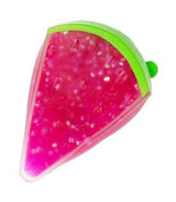 Close-up of hot pink glitter gel watermelon slice squishy fidget toy with green rind detail