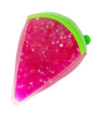 Close-up of hot pink glitter gel watermelon slice squishy fidget toy with green rind detail