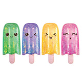 Four kawaii squishy glitter pop fidget toys in green, purple, yellow and pink, shown together