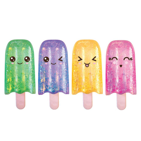 Four kawaii squishy glitter pop fidget toys in green, purple, yellow and pink, shown together