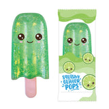 Green lime kawaii squishy glitter pop fidget toy shown next to its lime-themed retail packaging