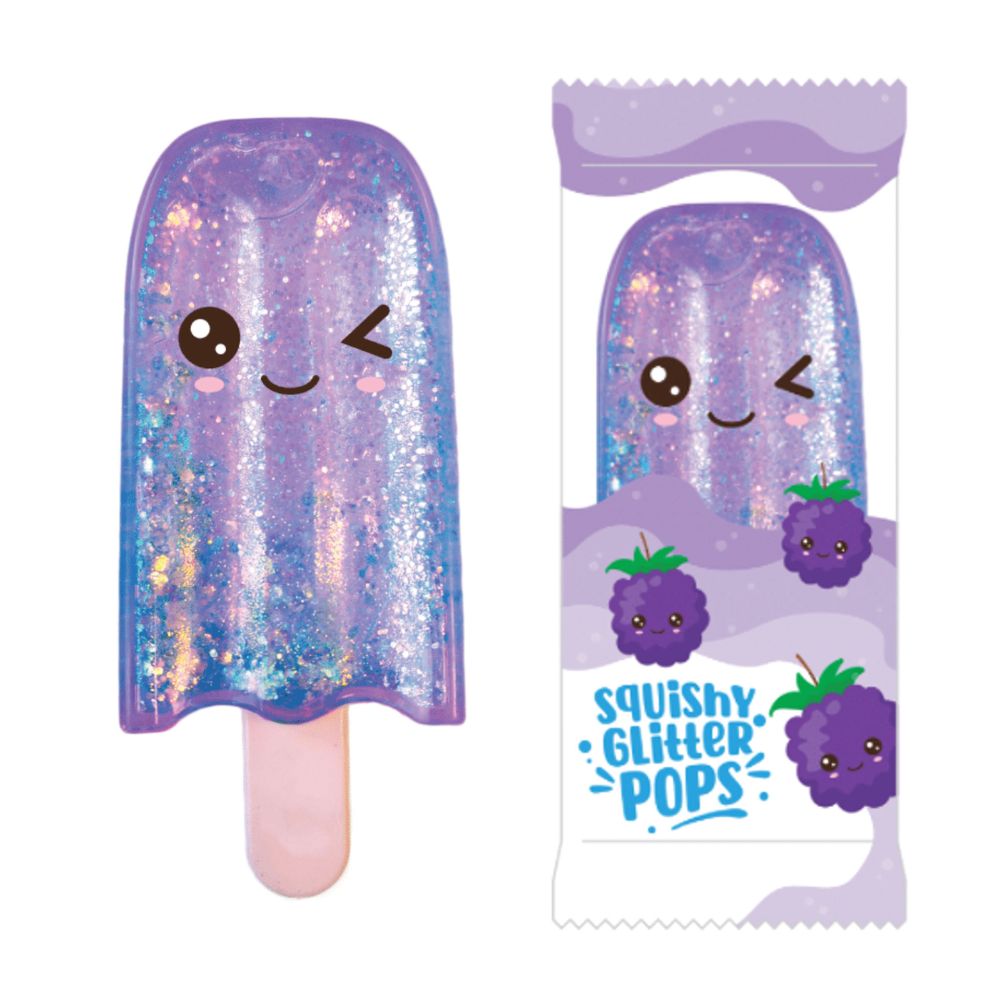 Purple blackberry kawaii squishy glitter pop fidget toy shown next to its blackberry-themed retail packaging
