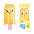Yellow lemon kawaii squishy glitter pop fidget toy shown next to its lemon-themed retail packaging