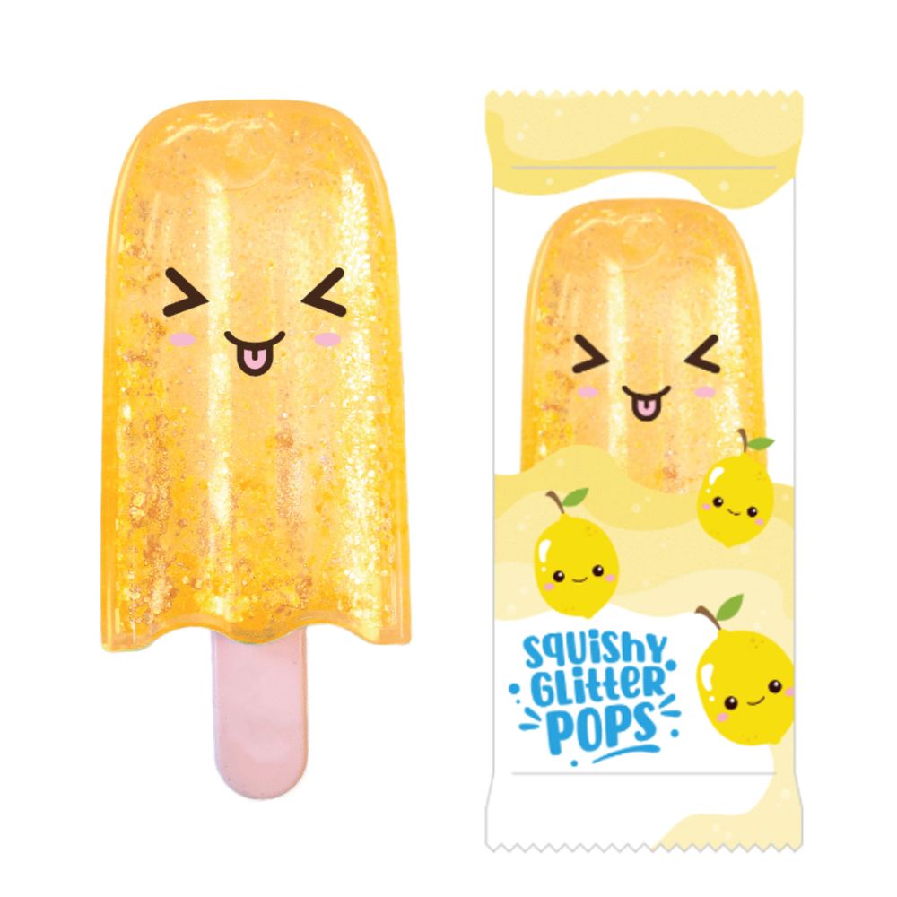 Yellow lemon kawaii squishy glitter pop fidget toy shown next to its lemon-themed retail packaging
