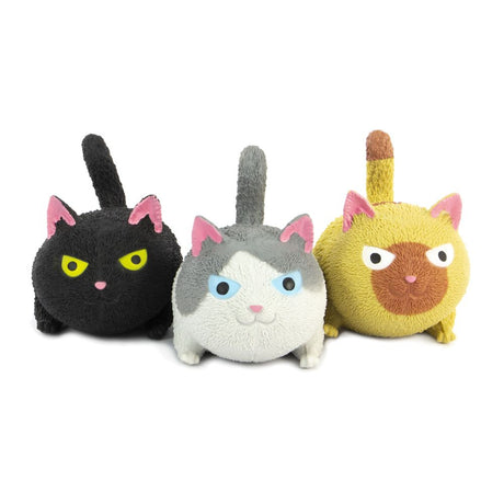 Three squishy grumpy cat stress toys in black, grey and white, and golden siamese colourways