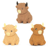 All three Squishy Highland Cow slow rise sensory fidget toys showing dark brown tan and medium brown designs on white background