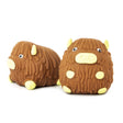 Two views of a brown squishy Highland Cow fidget toy showing textured fur detail from front and back