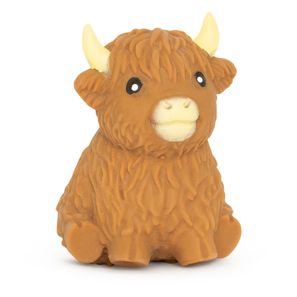Close-up of medium brown Squishy Highland Cow showing detailed shaggy coat texture slow rise sensory fidget toy
