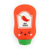 Red Hot Sauce kawaii squishy sauce bottle fidget toy standing upright showing chilli pepper label and expression