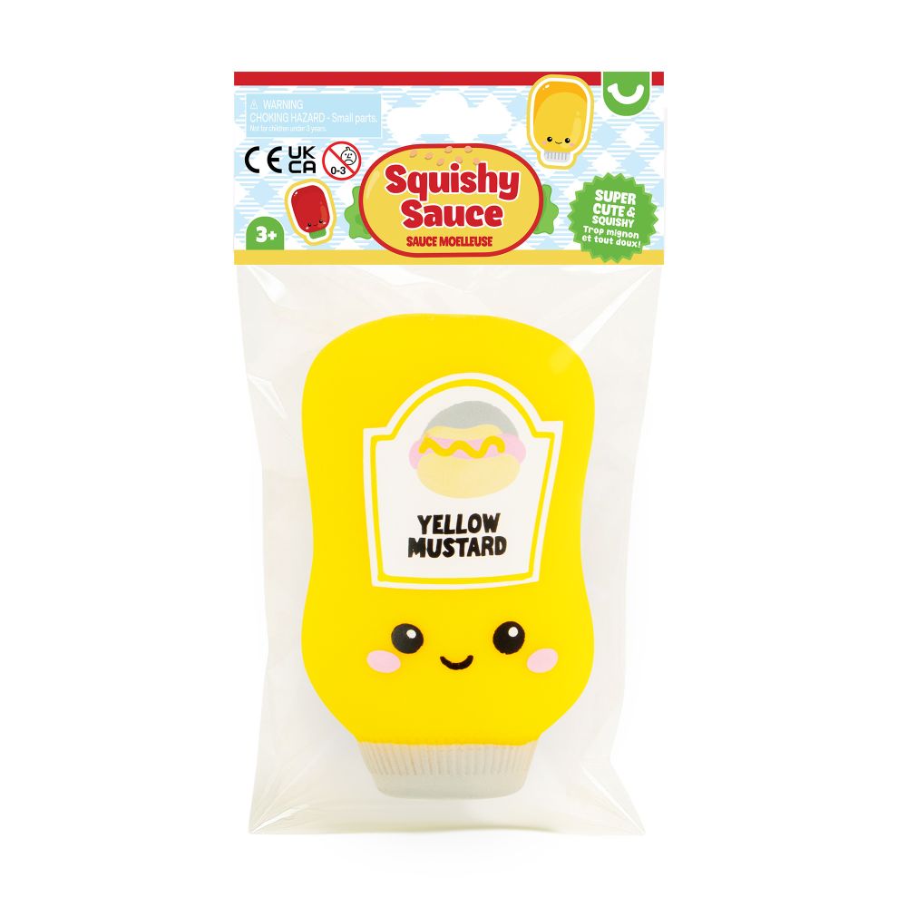 Yellow Mustard kawaii squishy sauce bottle fidget toy shown in its retail packaging