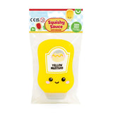 Yellow Mustard kawaii squishy sauce bottle fidget toy shown in its retail packaging