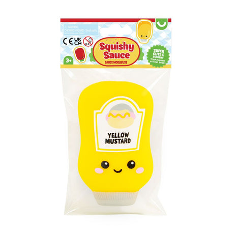 Yellow Mustard kawaii squishy sauce bottle fidget toy shown in its retail packaging
