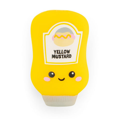 Yellow Mustard kawaii squishy sauce bottle fidget toy standing upright showing smiling face detail