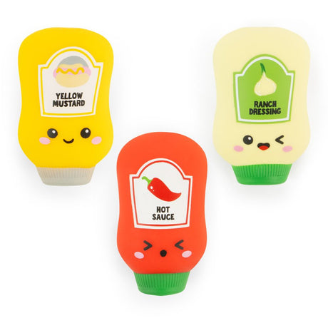 Three kawaii squishy sauce bottle fidget toys — Yellow Mustard, Hot Sauce and Ranch Dressing — shown together