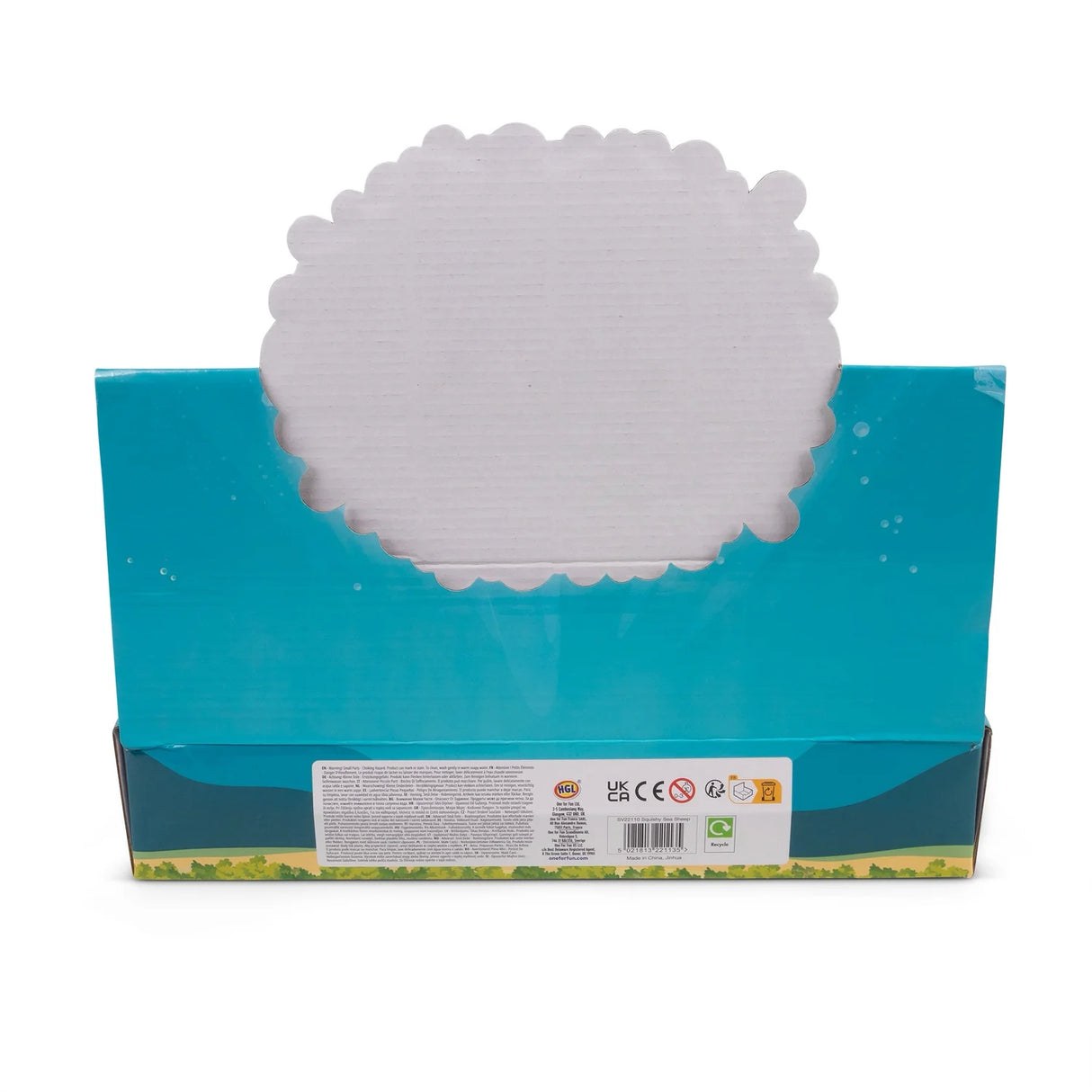 Back of Squishy Sea Sheep neon fidget toy retail display box showing product and safety information