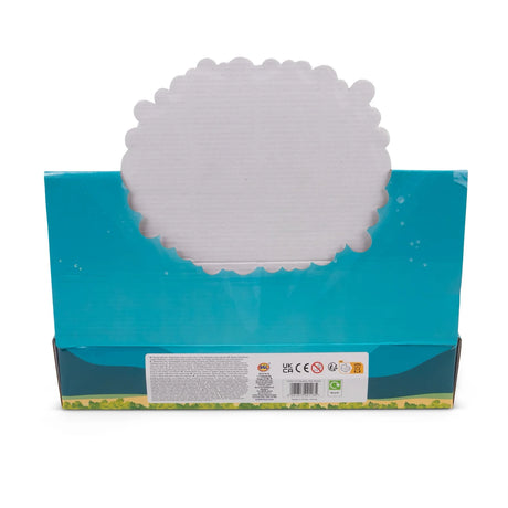 Back of Squishy Sea Sheep neon fidget toy retail display box showing product and safety information