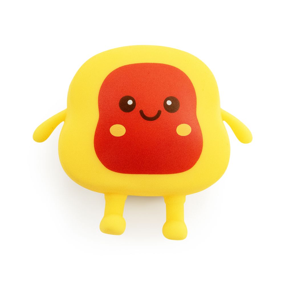 Squishy toast toy with red jam topping, soft sensory fidget toy with cute face