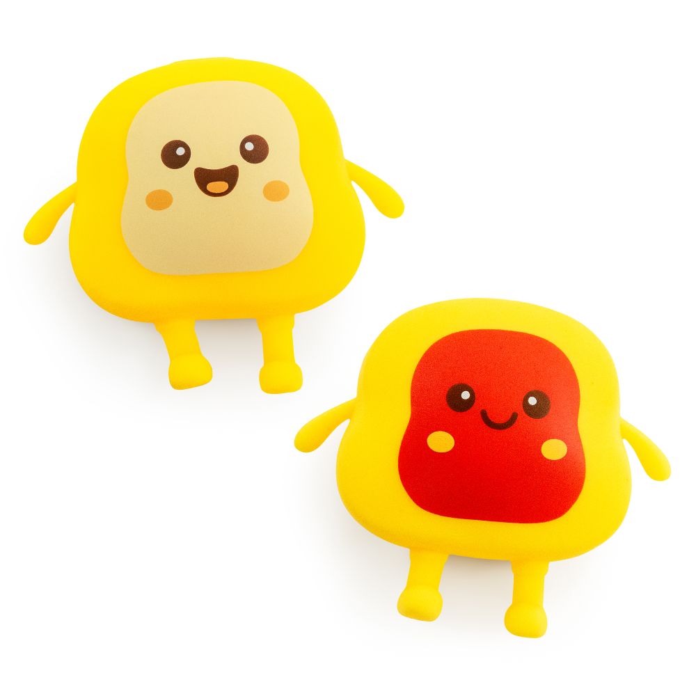 Two squishy toast fidget toys, plain and jam varieties, soft sensory squeeze toys