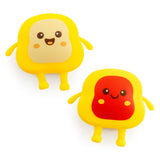 Two squishy toast fidget toys, plain and jam varieties, soft sensory squeeze toys