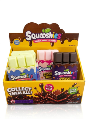 Squooshies Choco Bar display box showing white, pink and dark chocolate slow-rise squishy bars