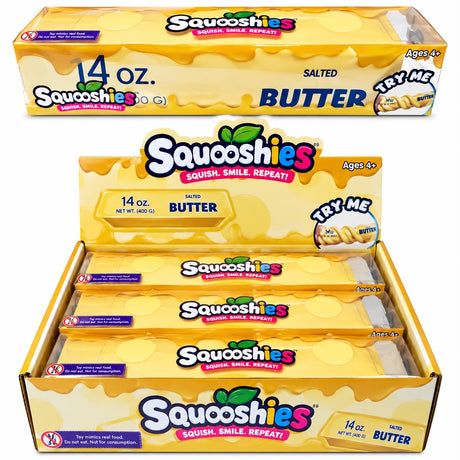 A retail display box of Squooshies Butter candy, showing the front and interior packaging with multiple individual packs of Squoshies Butter inside.