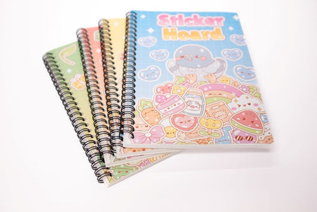 Four Sticker Hoard sticker books fanned with pastel bird cover design on top