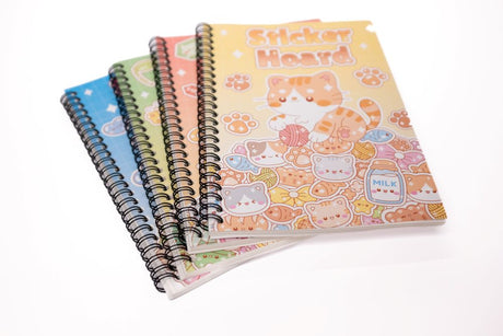 Four Sticker Hoard sticker books fanned with orange cat cover design on top