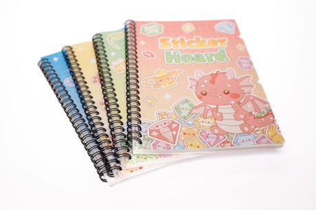 Four Sticker Hoard sticker books fanned with pink dragon and gem cover design on top