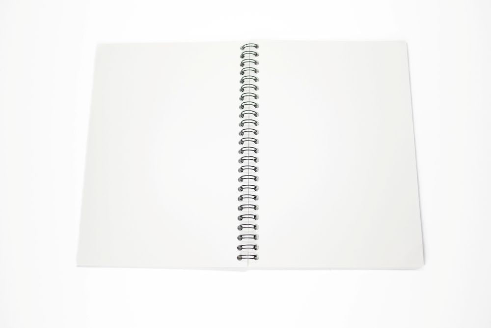Sticker Hoard reusable sticker book open flat showing blank glossy pages and spiral binding