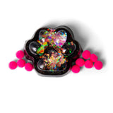 Black holographic glitter squishy paw print with scattered hot pink pom poms