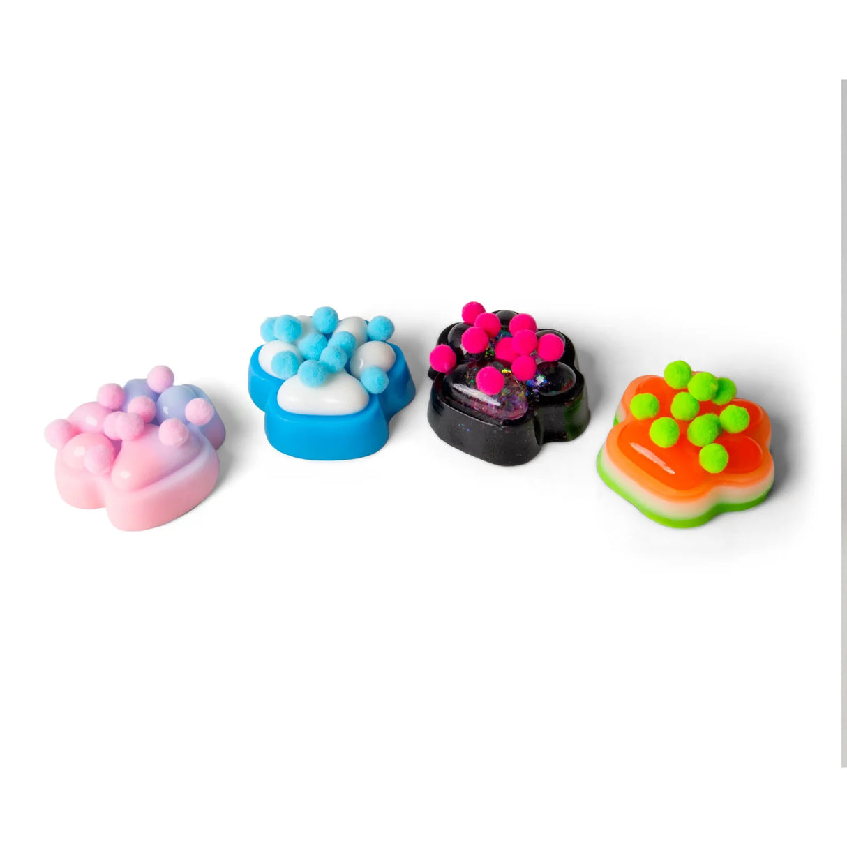 All four Scrunchems Sticky Squishy Paw Print designs displayed in a row with coloured pom poms attached