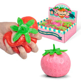 Red and pink strawberry stress toys shown alongside their retail display box