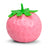 Pink strawberry squishy stress toy standing upright, showing textured surface and green leaf top