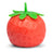 Red strawberry squishy stress toy standing upright with detailed seed texture and green stem