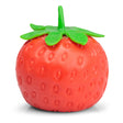 Red strawberry squishy stress toy standing upright with detailed seed texture and green stem