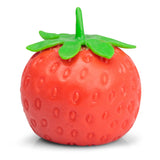 Red strawberry squishy stress toy standing upright with detailed seed texture and green stem